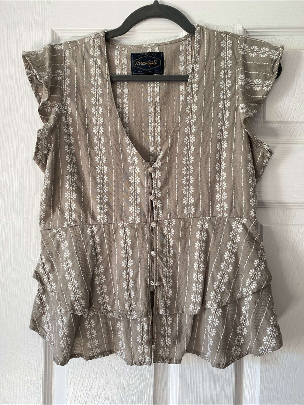 Thread & Supply Taupe Floral-Stripe Button Front Blouse
